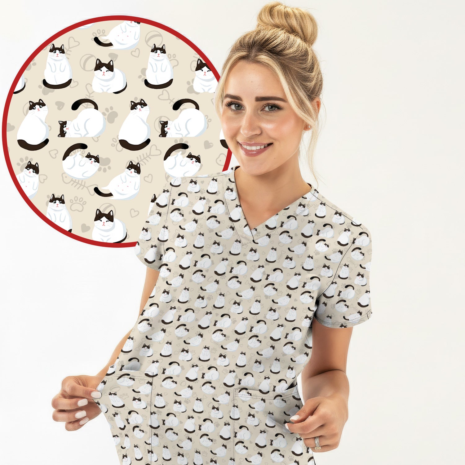 Cute Cat Pattern Medical Scrub Top, Breathable Fabrics Nursing Uniform