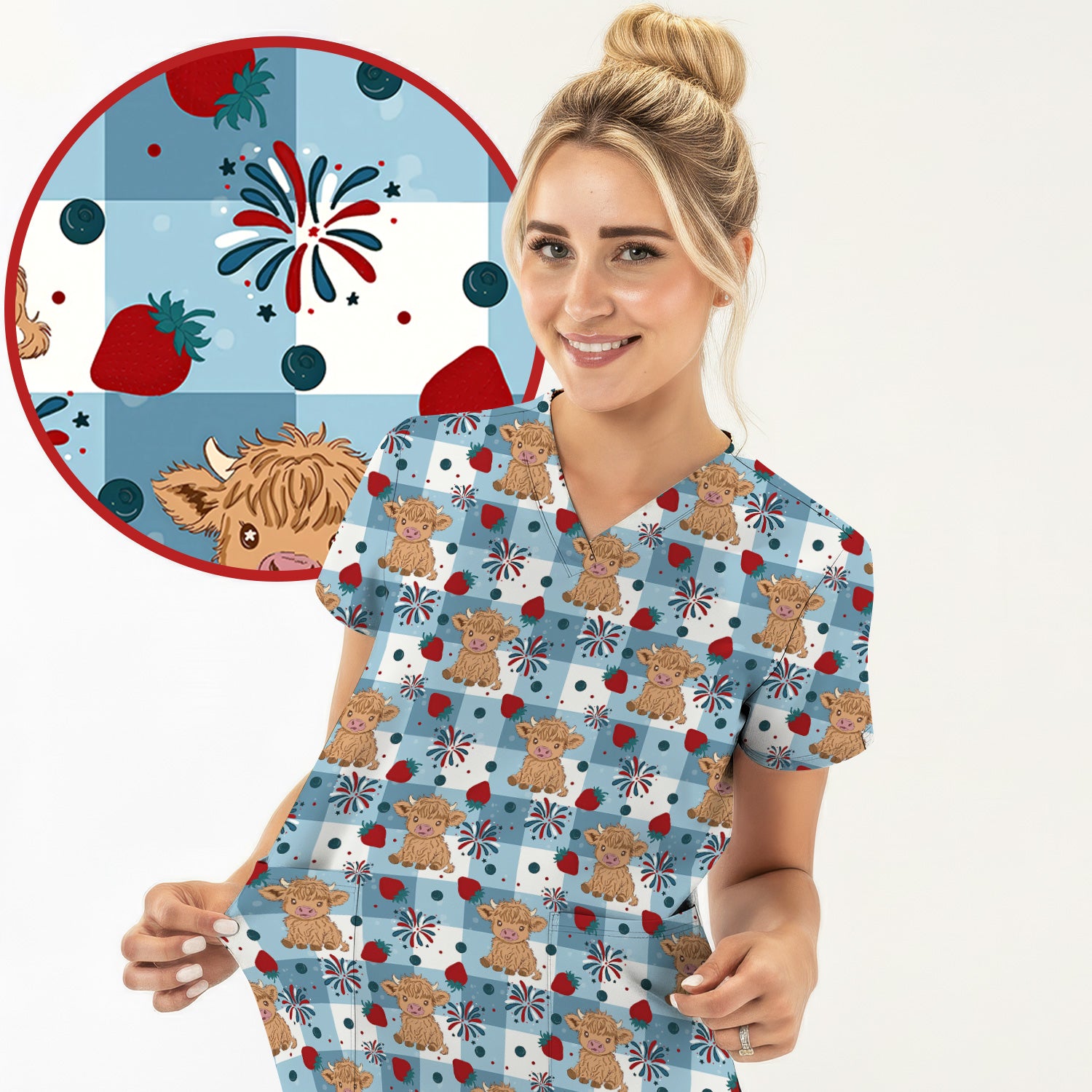 Highland Cow Strawberry Firework Gingham Pattern Scrub Top, Comfortable Scrubs for Nurses