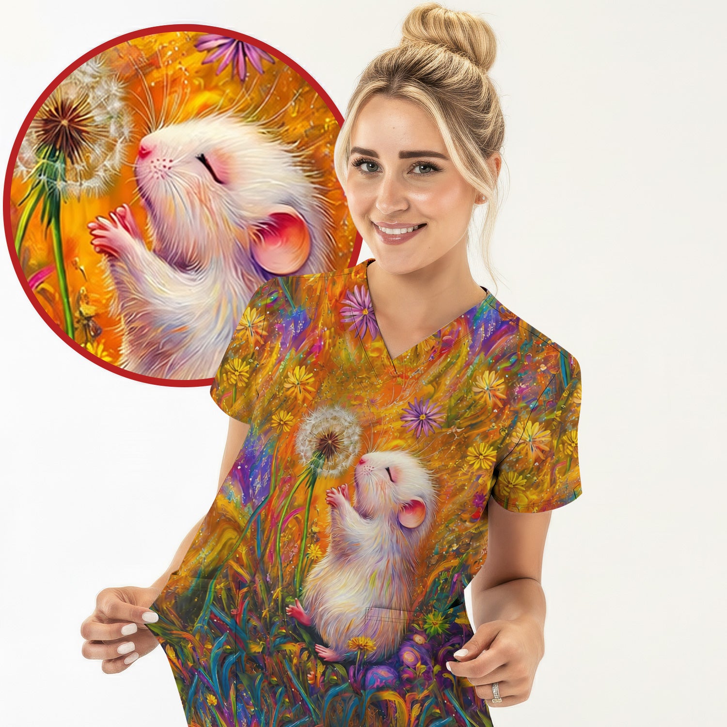Cute Whimsical Mouse Dandelion Pattern Scrub Top, Comfortable Scrubs for Nurses