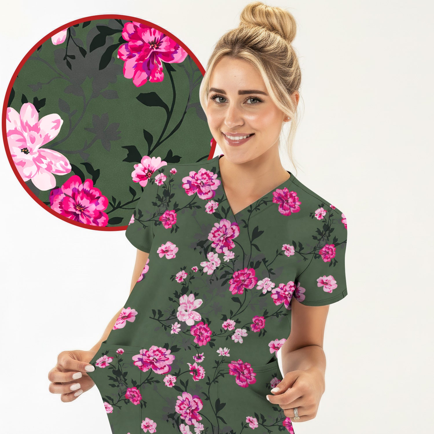 Pink Floral Blossom Pattern Scrub Top, Comfortable Scrubs for Nurses