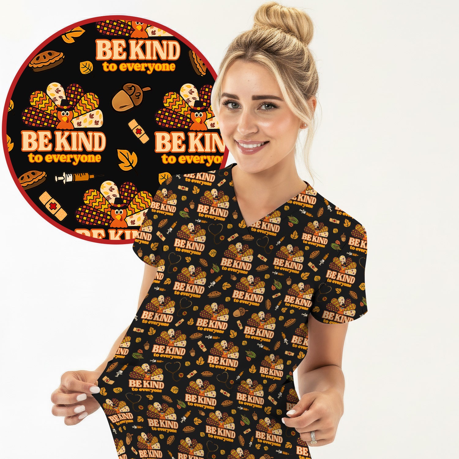 Thanksgiving Be Kind Scrub Top – Fall Nurse Shirt with Heart and Leaf Pattern – Cute Autumn Medical Uniform for Healthcare Staff