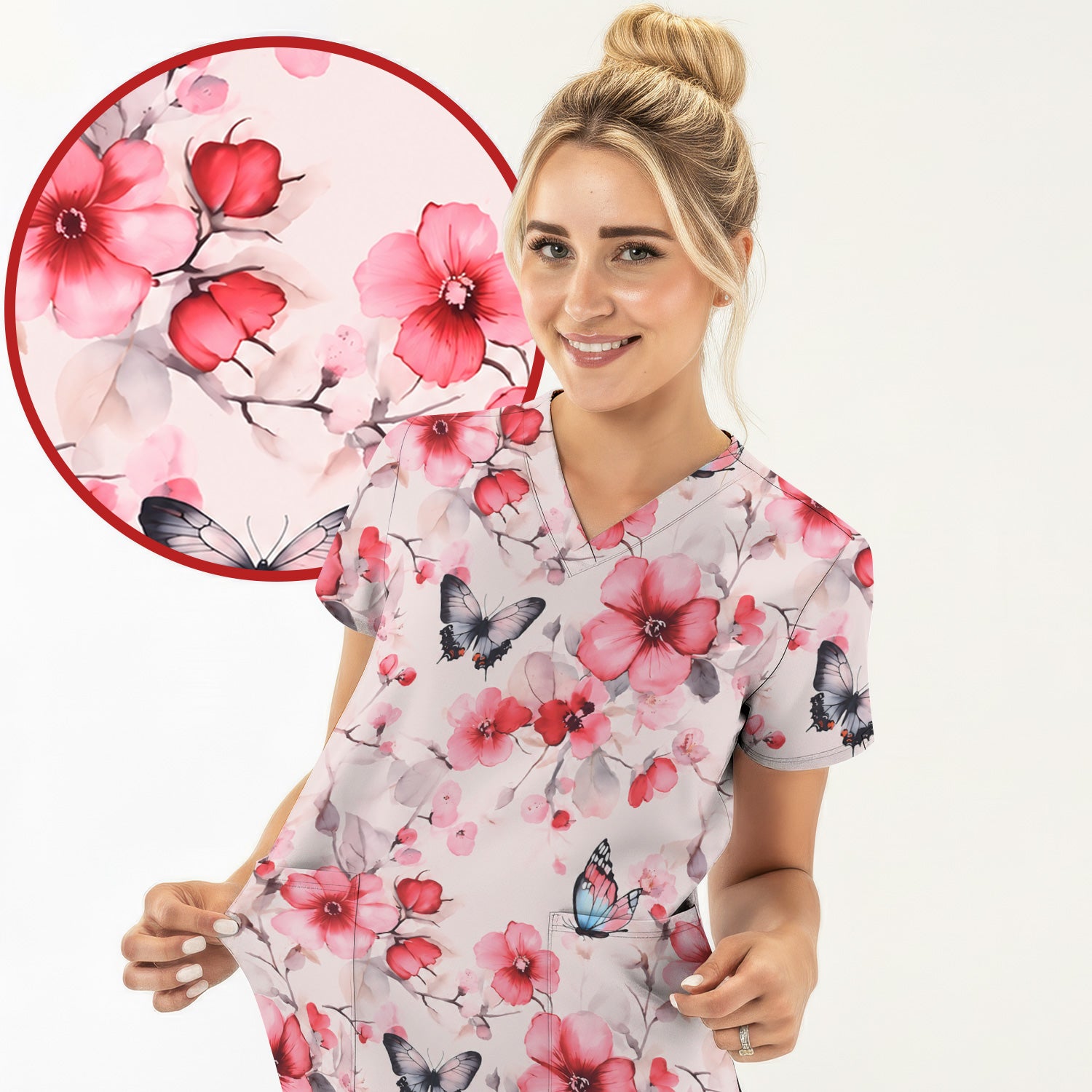 Pink Butterfly Blossom Pattern Scrub Top, Comfortable Scrubs for Nurses