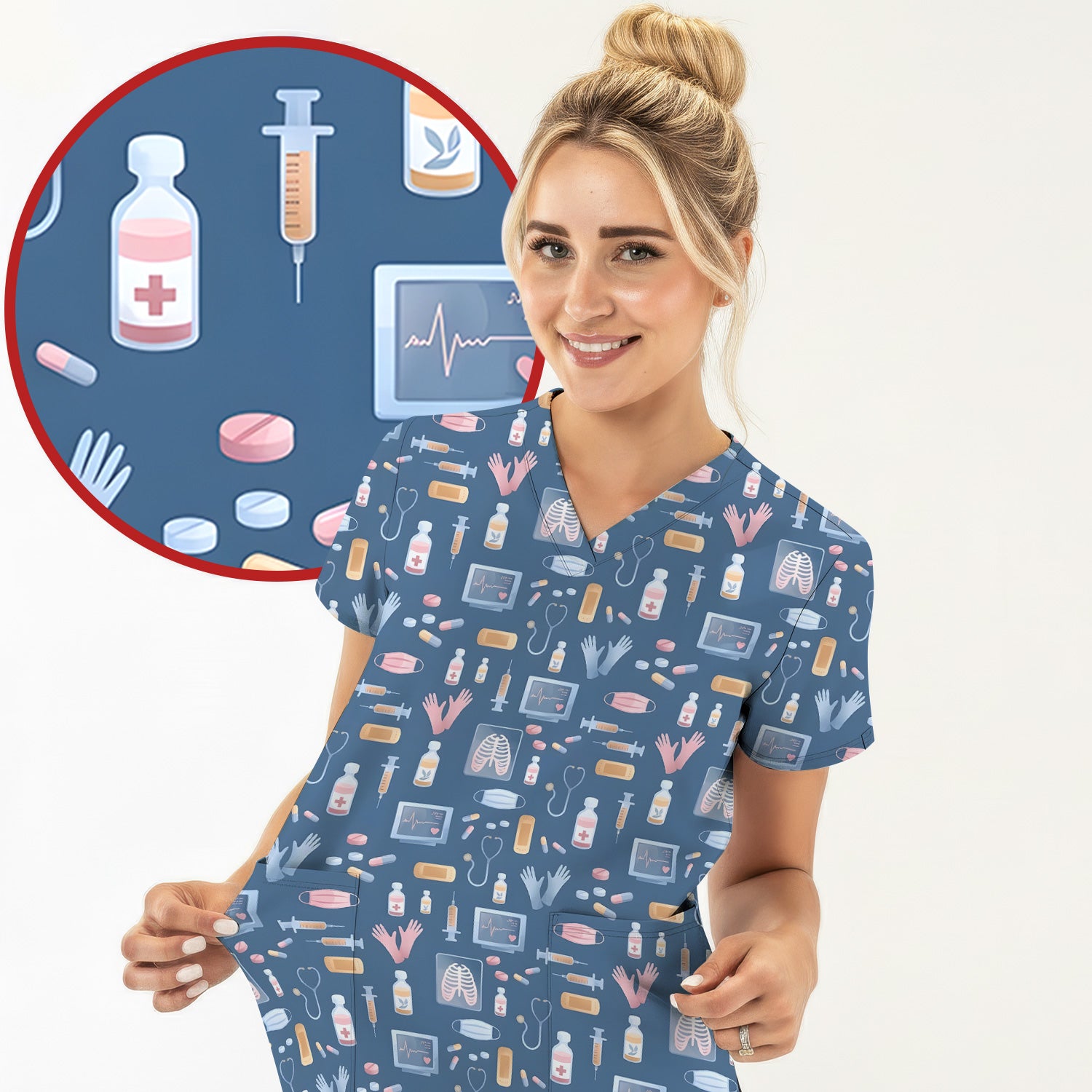Medical Tools Gloves Syringe Pill Monitor Pattern Scrub Top, Comfortable Scrubs for Nurses