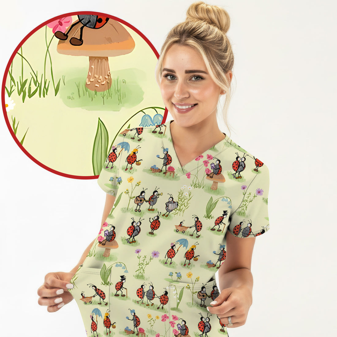 Whimsical Ladybug Garden Activity Pattern Scrub Top, Comfortable Scrubs For Nurses