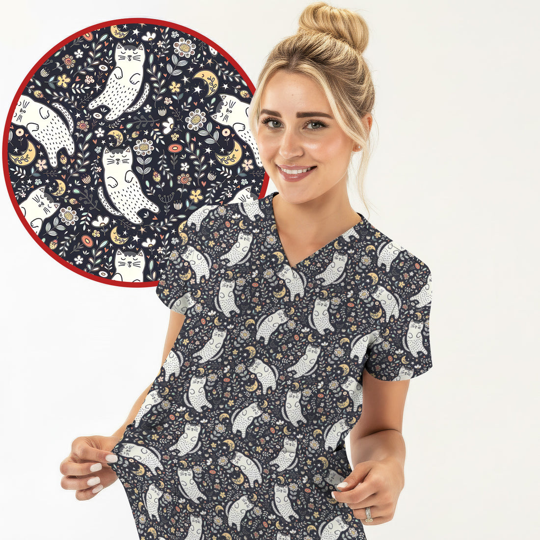 Moonlit Floral Cat Seamless Pattern Scrub Top, Comfortable Scrubs for Nurses