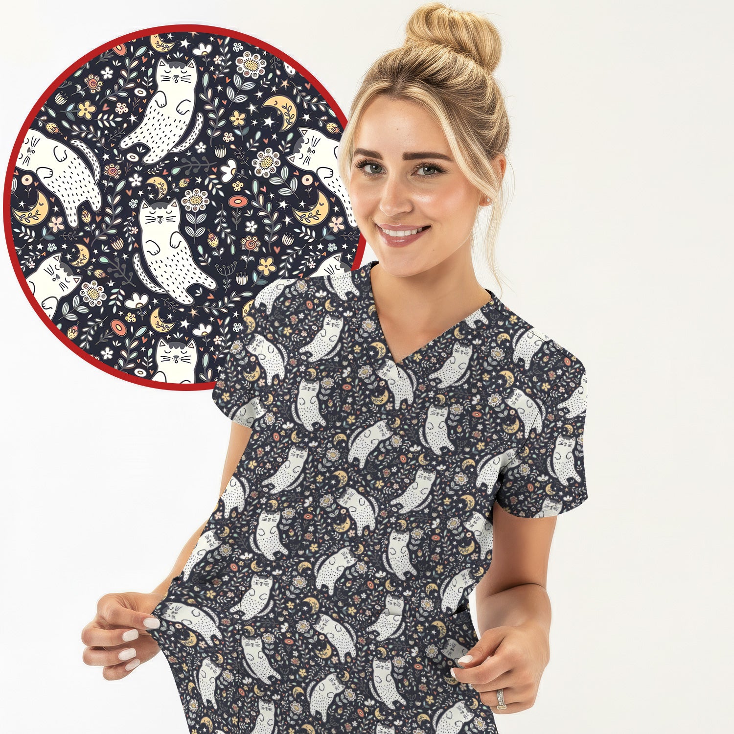 Moonlit Floral Cat Seamless Pattern Scrub Top, Comfortable Scrubs for Nurses
