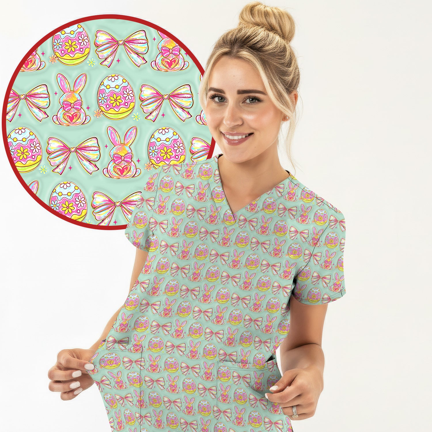 Easter Bunny Pastel Egg Bow Pattern Scrub Top, Breathable Fabrics Nursing Uniform