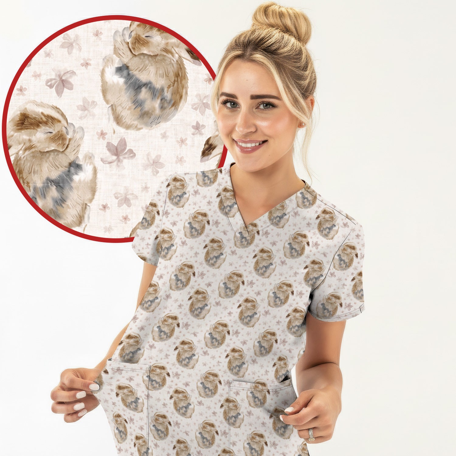 Cute Sleeping Bunny Floral Meadow Pattern Nurse Scrub Top, Comfortable Scrubs for Nurses