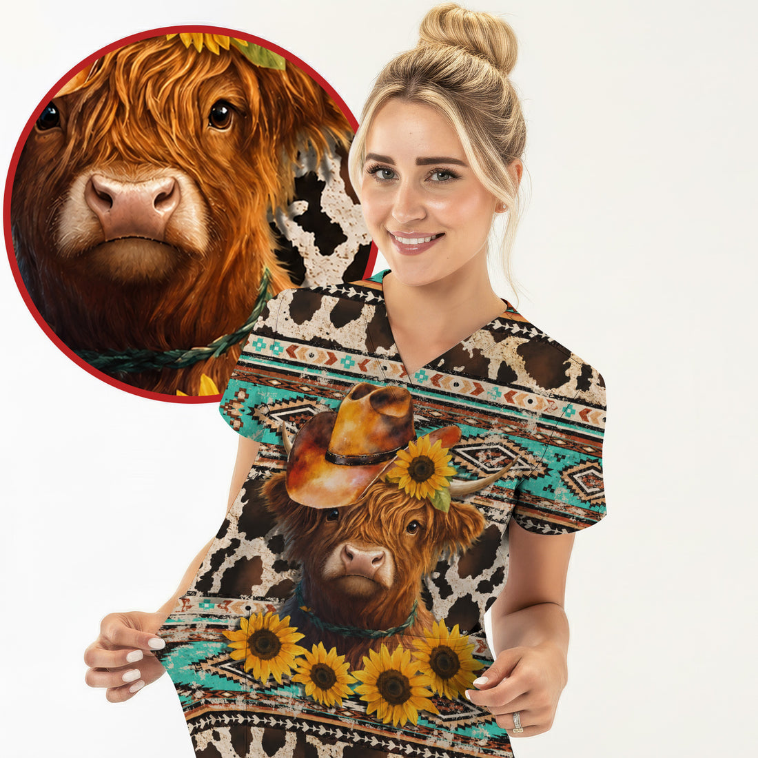 Western Highland Cow Sunflowers Print Scrub Top, Comfortable Scrubs for Nurses