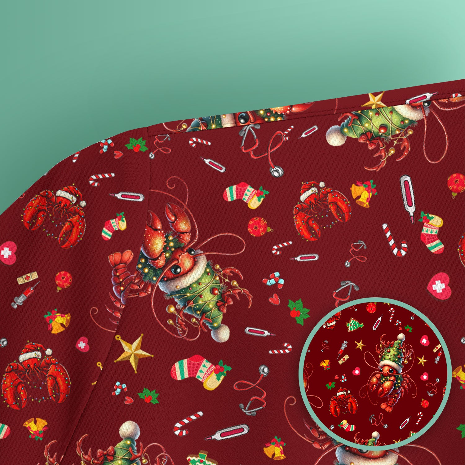 Whimsical Crawfish Christmas Scrub Top – Southern Christmas Cajun Holiday Crawfish Pattern – Cute Medical Uniform for Nurses, Vets And Healthcare Workers