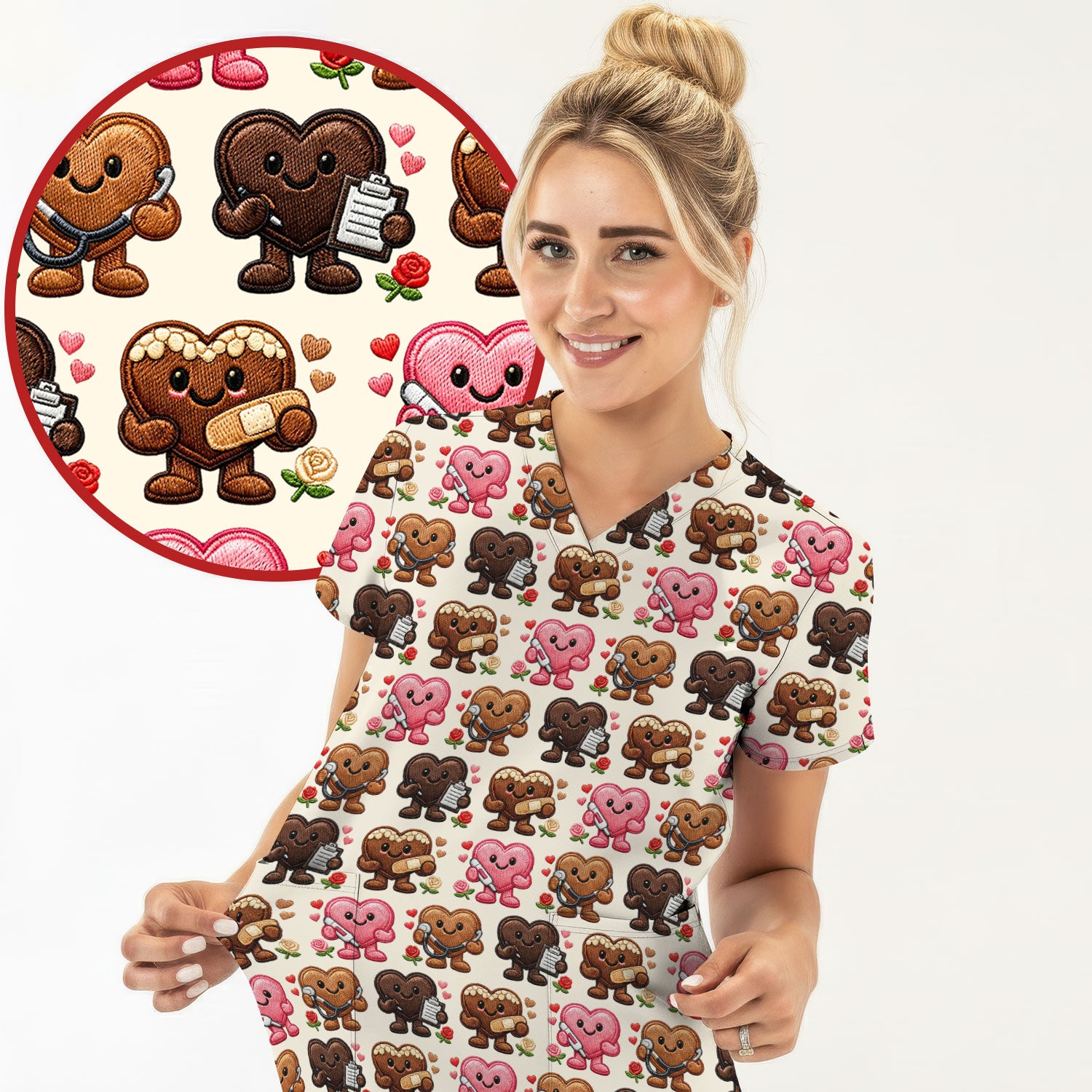 Valentine Heart Nurse Scrub Top, Cute Medical Love Pattern Shirt, Breathable Fabrics Nursing Uniform