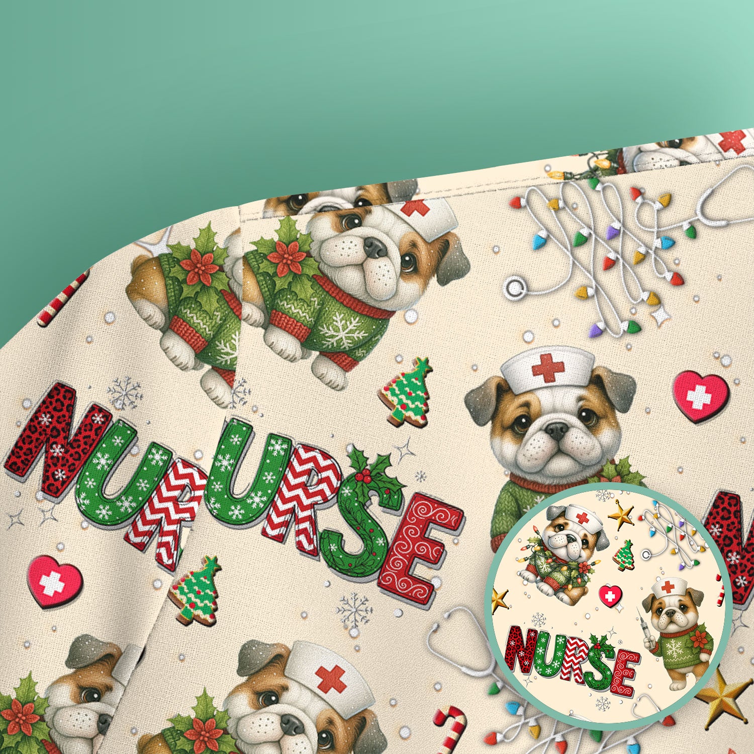 Bulldog Christmas Nurse Scrub Top - Funny Dog Scrub Shirt - Cute Holiday Medical Uniform for Women RN LPN CNA Gift