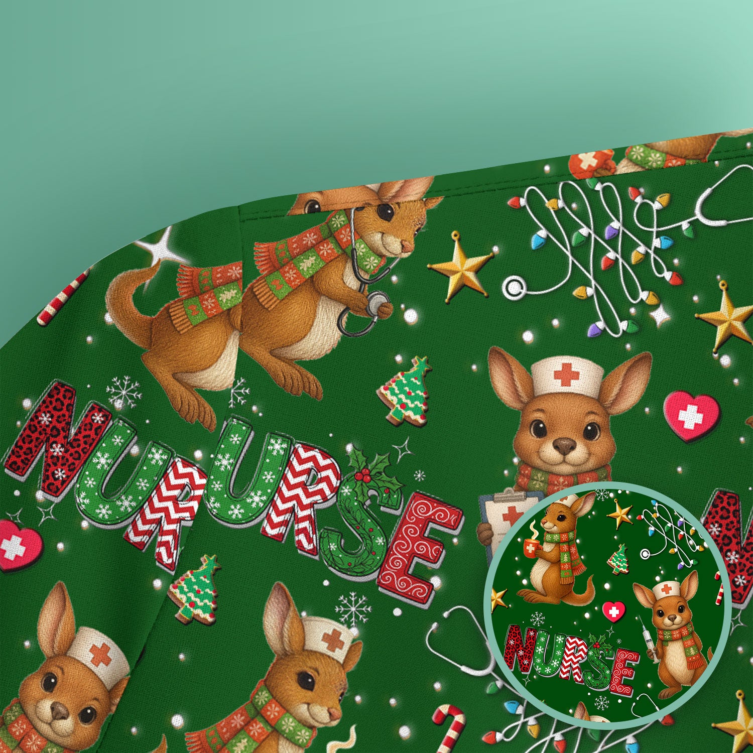 Christmas Kangaroo Nurse Scrub Top - Cute Aussie Holiday Medical Uniform - Funny Xmas Scrubs for Women