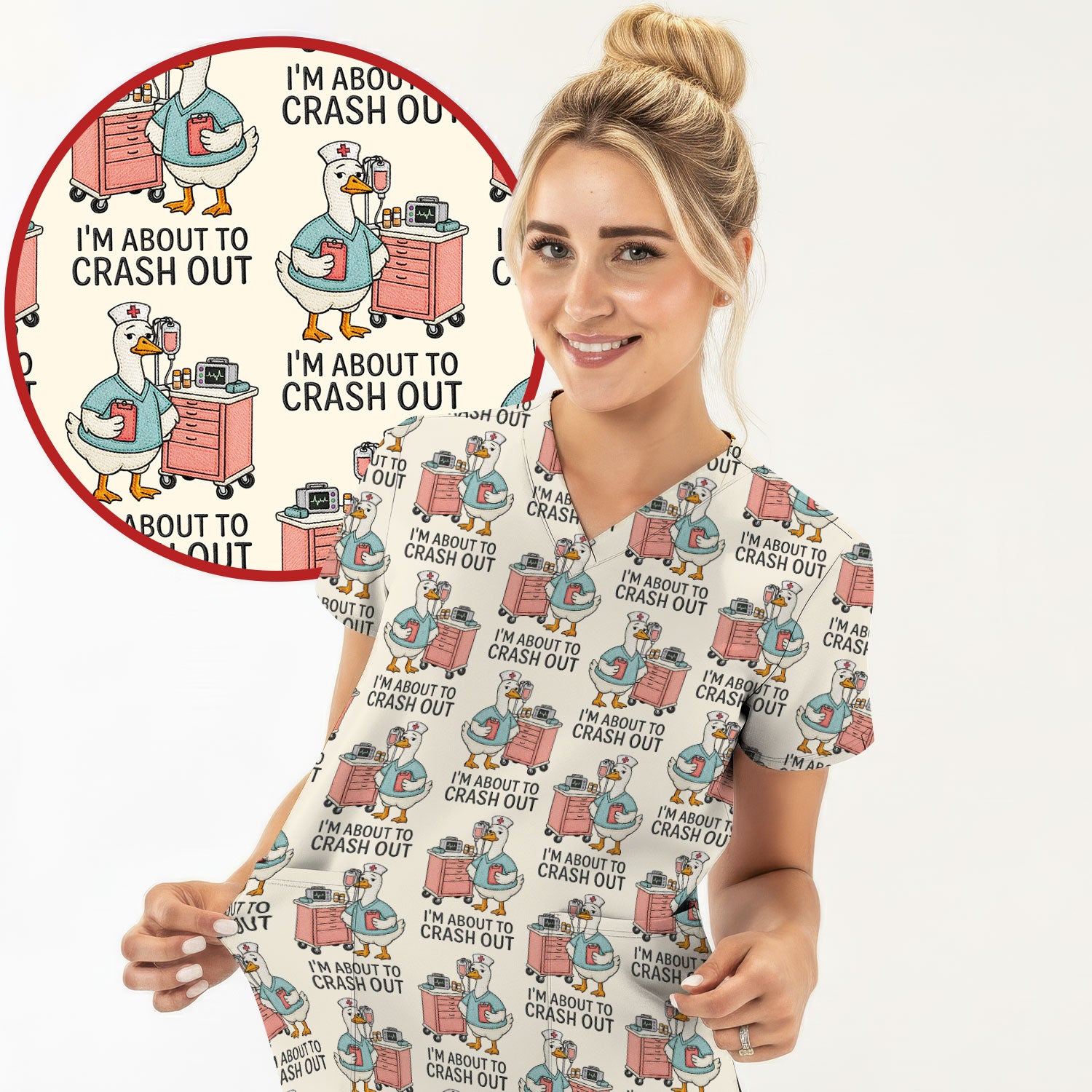 Funny Nurse Goose Crash Out Pattern Scrub Top, Comfortable Scrubs for Nurses