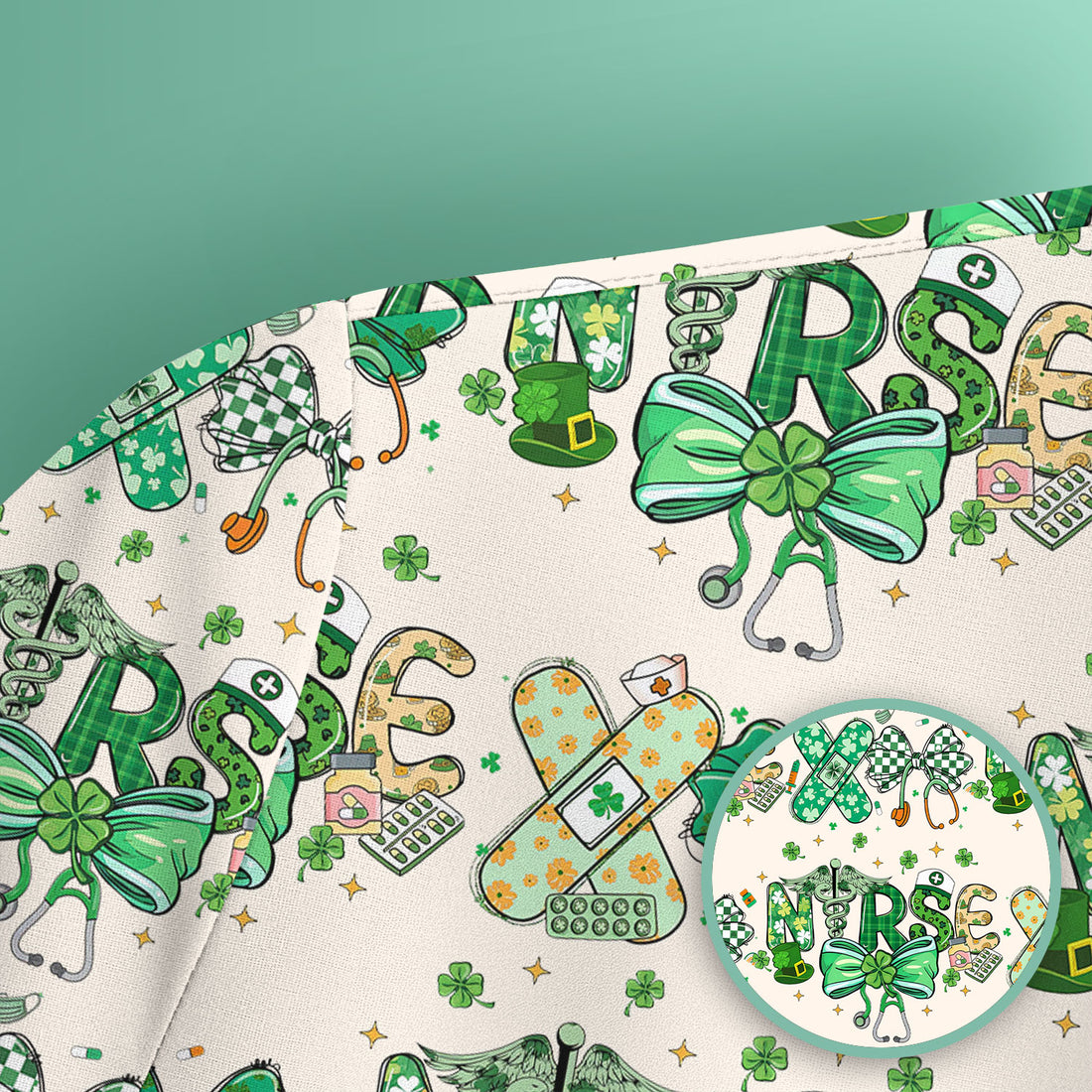 St. Patrick’s Nurse Scrub Top, Lucky Clover And Green Bow Pattern Nurse Shirt, Breathable Fabrics Nursing Uniform