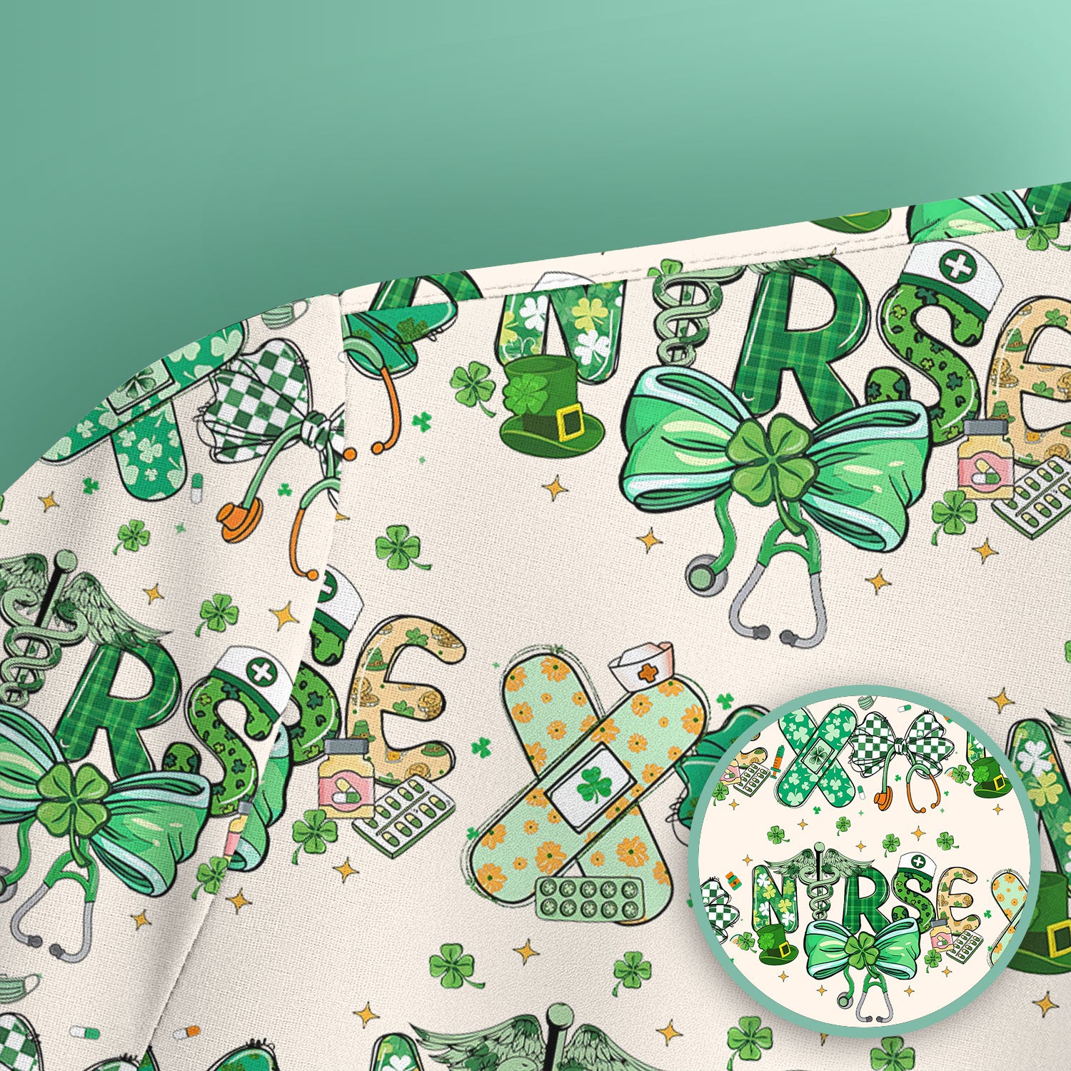 St. Patrick’s Nurse Scrub Top, Lucky Clover And Green Bow Pattern Nurse Shirt, Breathable Fabrics Nursing Uniform