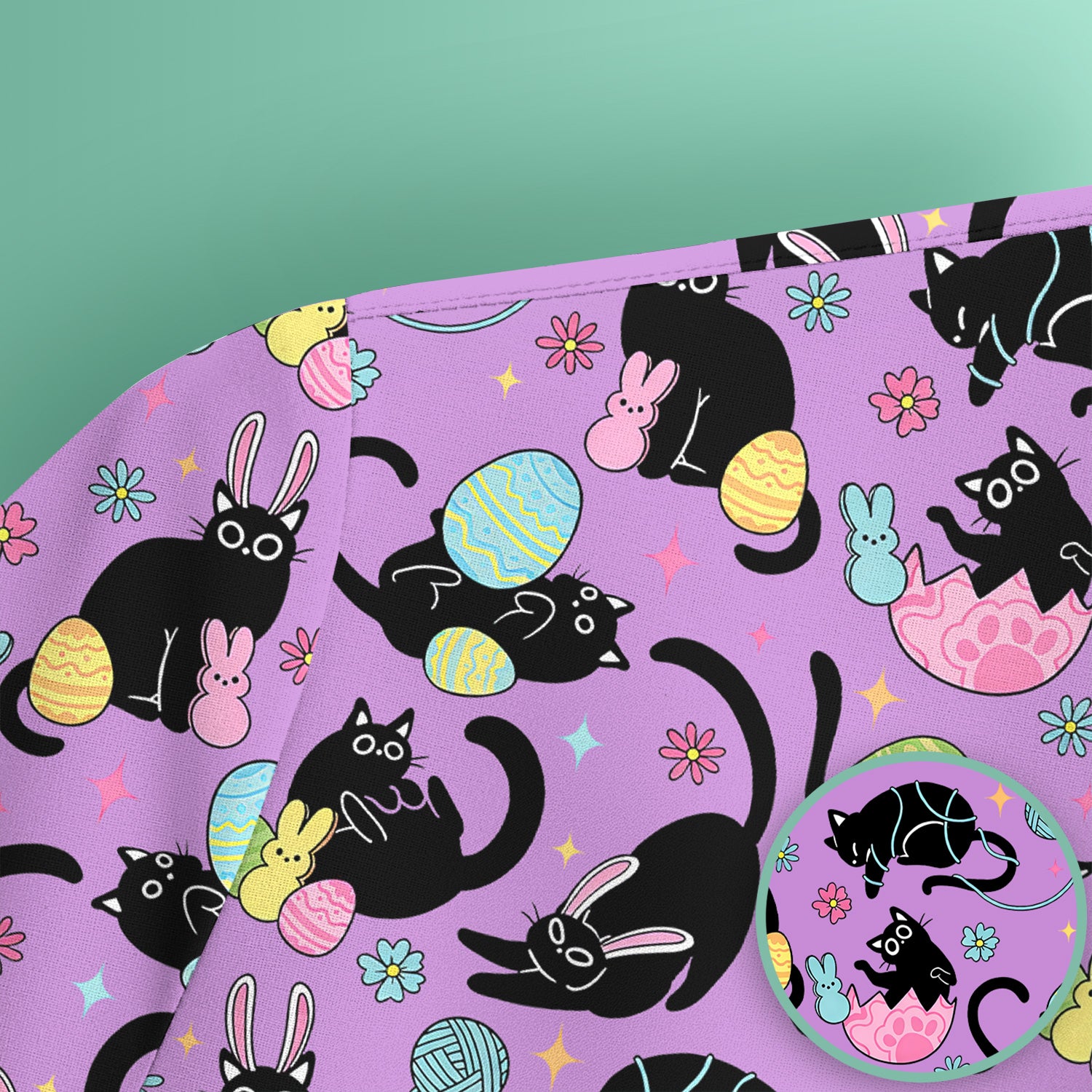 Funny Easter Black Cat Egg Pattern Scrub Top, Breathable Fabrics Nursing Uniform