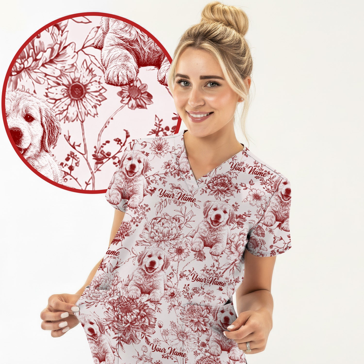 Personalized Custom Pet Photo Name Floral Pattern Scrub Top, Breathable Fabrics Nursing Uniform