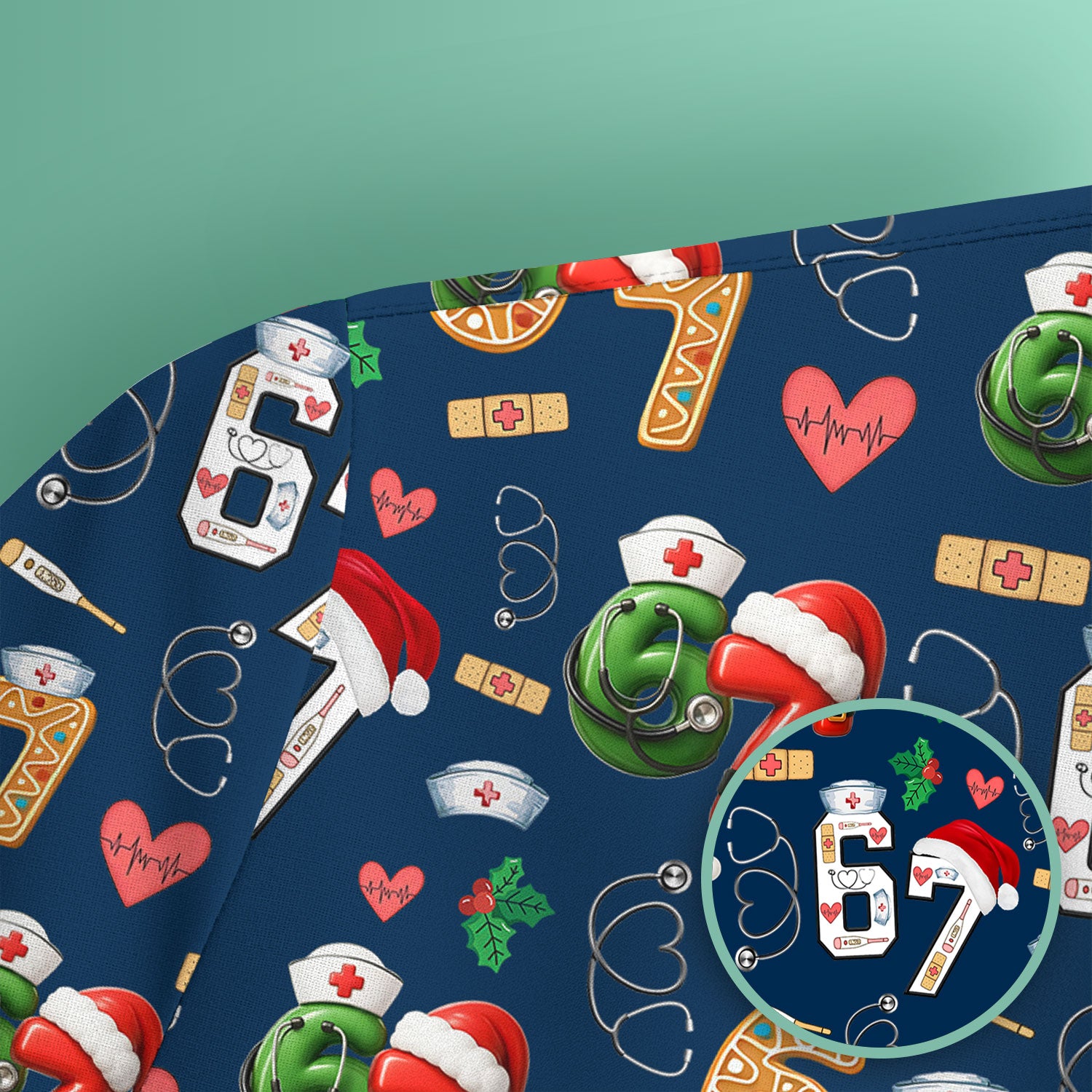 Christmas Nurse 67 Pattern Scrub Top, Cute Holiday Medical Shirt With Santa Hat, Uniform For Nursing