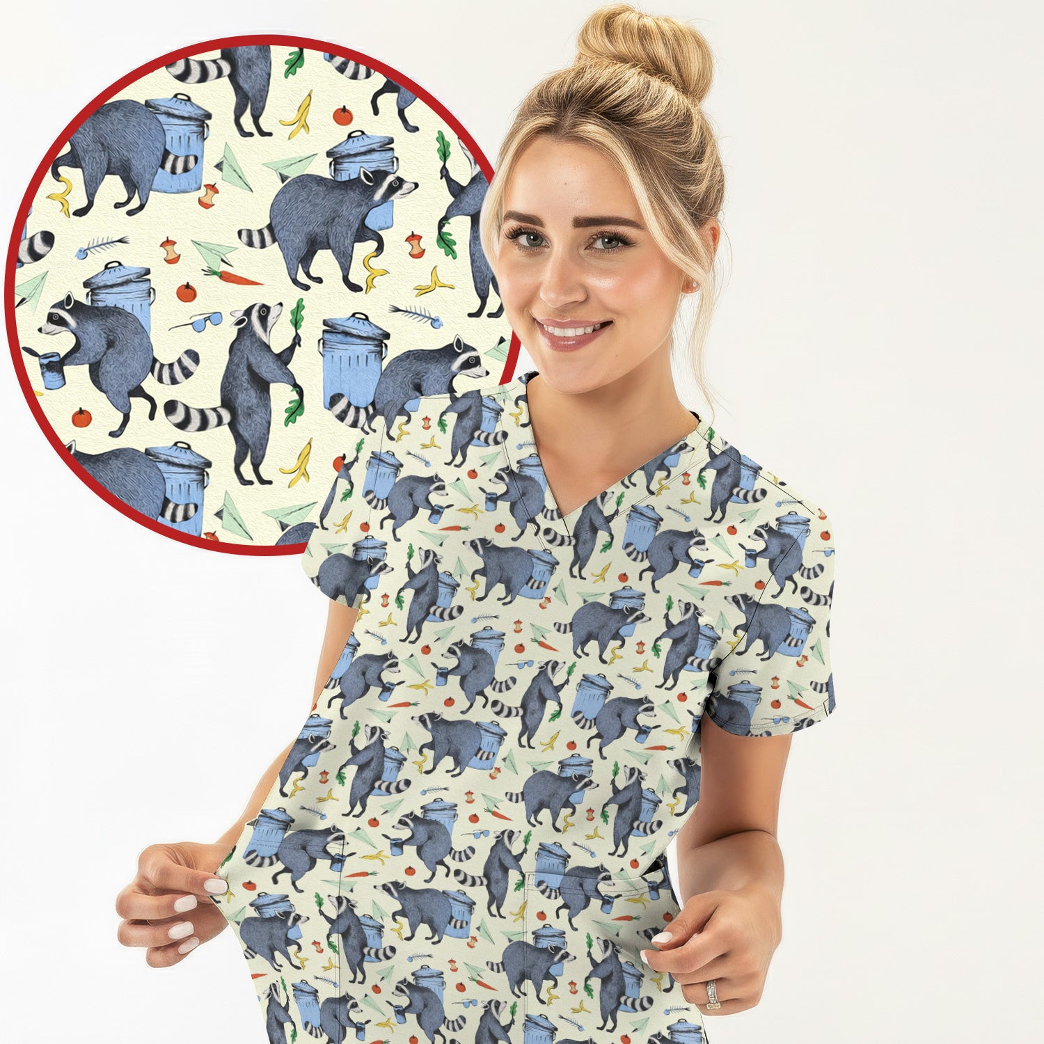 Funny Nurse Raccoon Eating Trash Banana Scrub Top, Breathable Fabrics Nursing Uniform