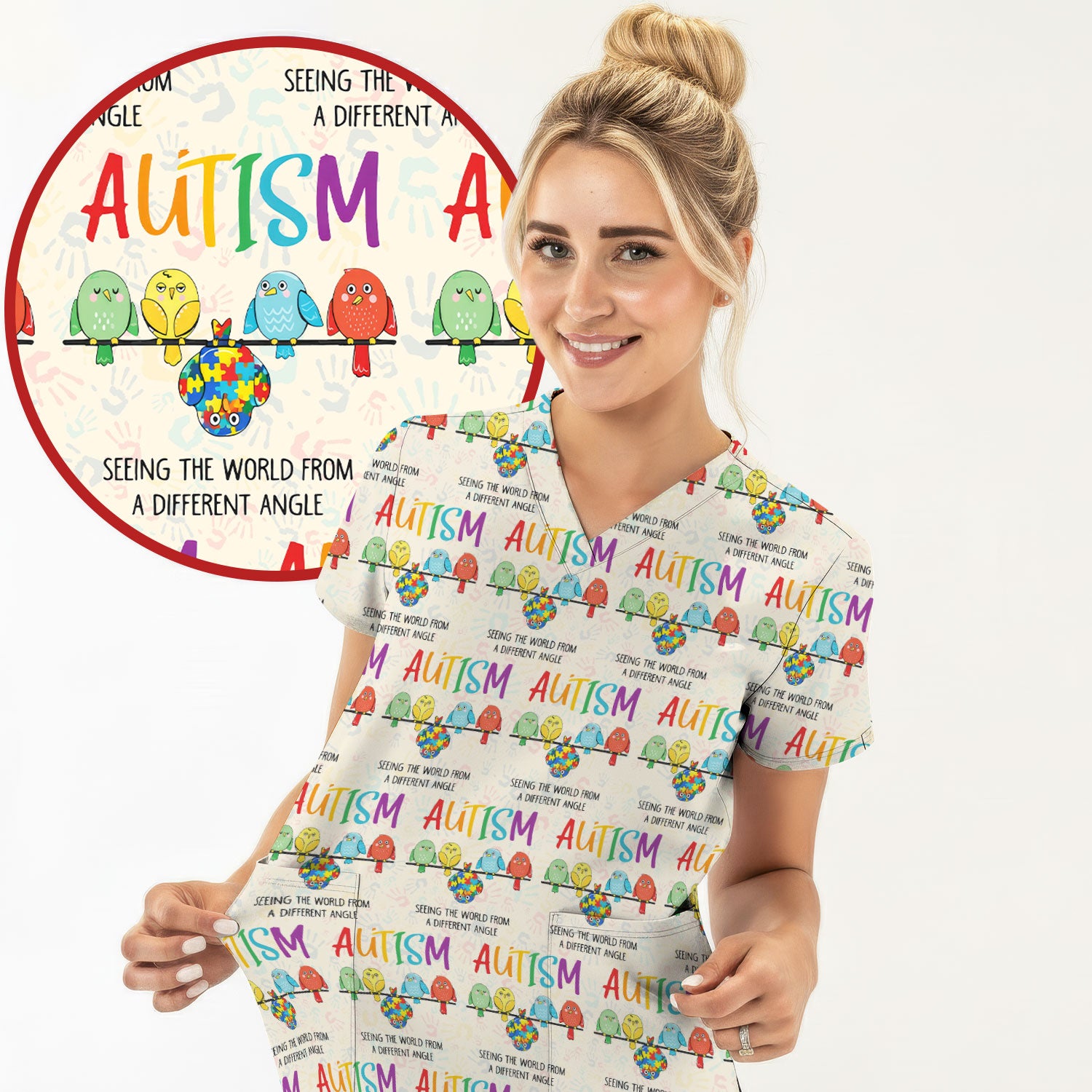 Autism Seeing The World From A Different Angle Birds Scrub Top ,Comfortable Scrubs for Nurses