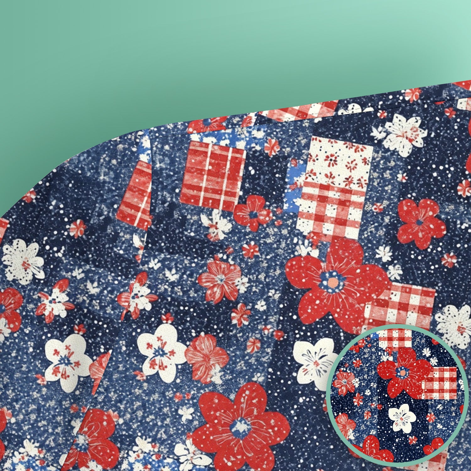 Patriotic Gingham Floral Patchwork Pattern Scrub Top, Comfortable Scrubs for Nurses
