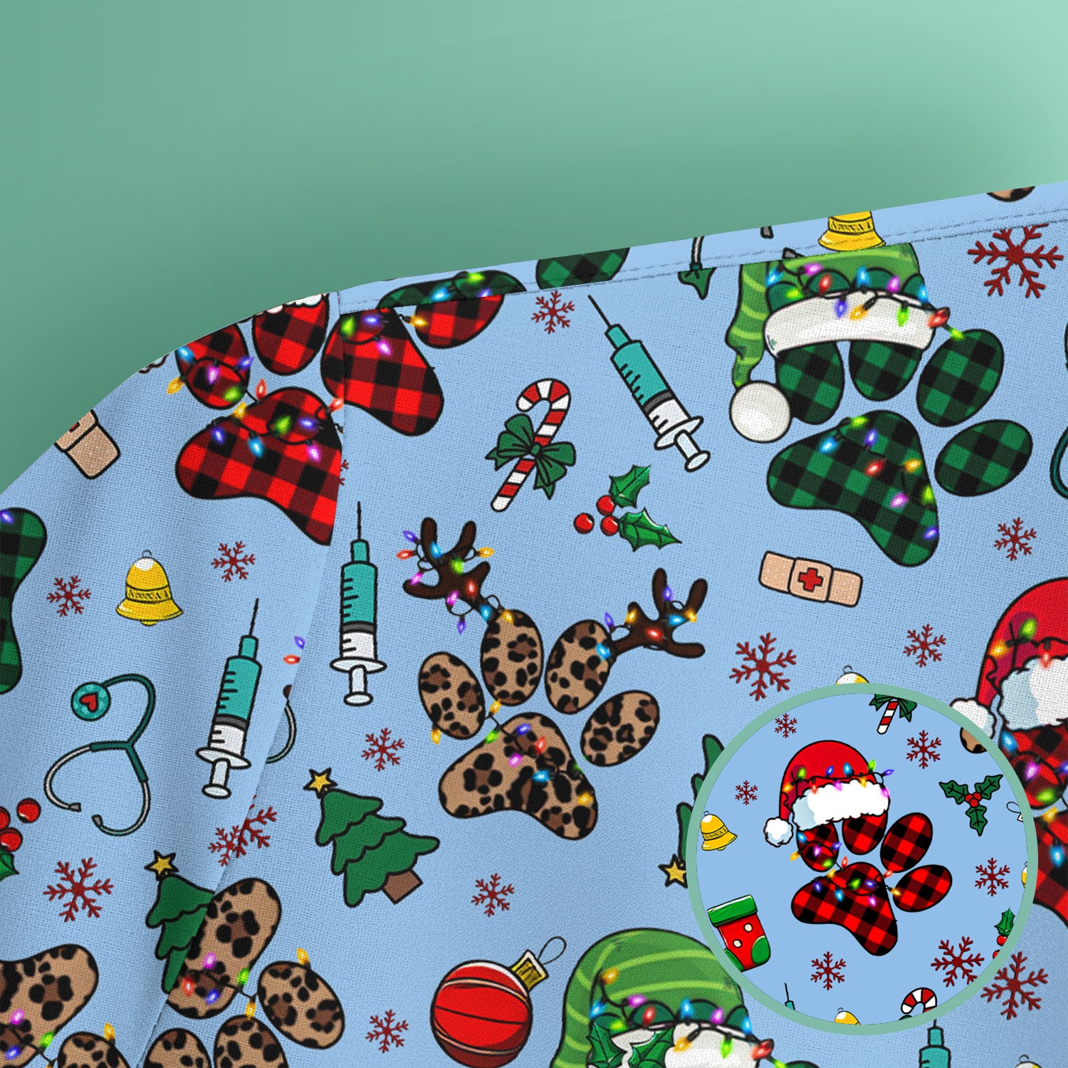Christmas Paw Print Scrub Top for Nurses - Cute Leopard Holiday Pattern - Funny Festive Medical Uniform Gift