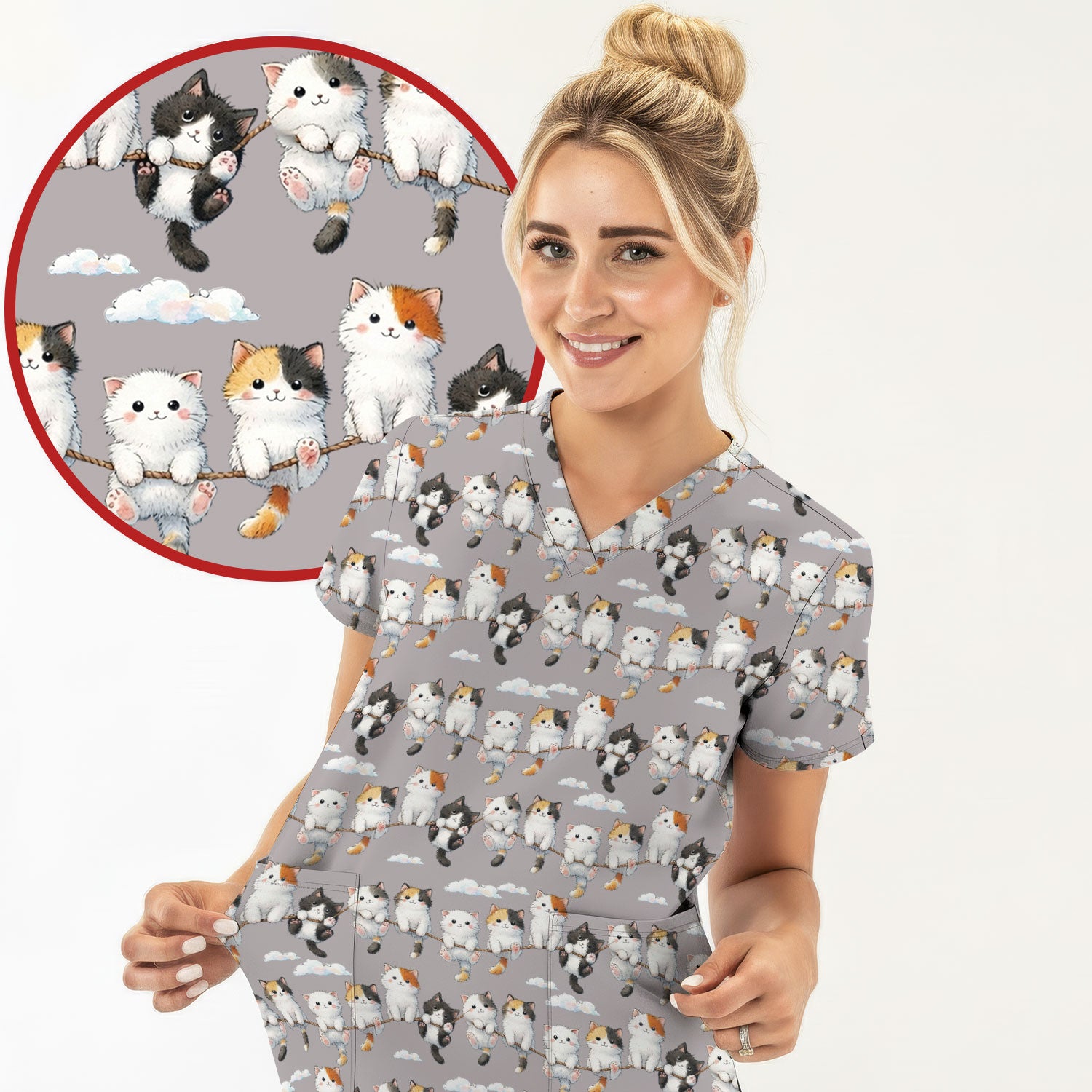Cute Cats Sitting on Rope Pattern Scrubs Top, Comfortable Scrubs for Nurses