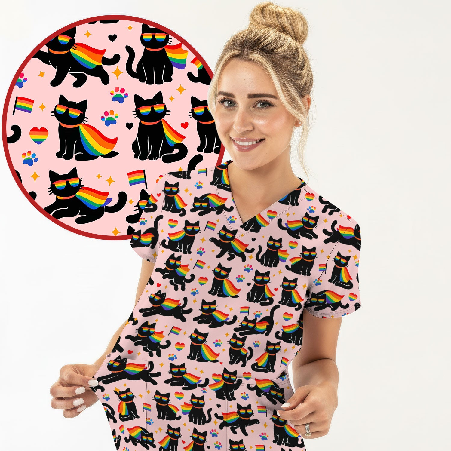 Rainbow Black Cat Pride Pattern Scrub Top, Breathable Fabrics Nursing Uniform