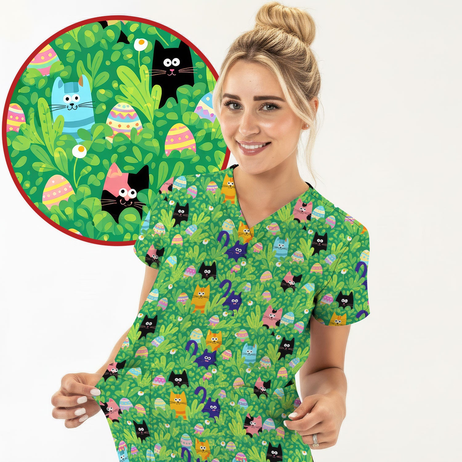 Colorful Easter Cats Green Leaves Print Scrub Top, Comfortable Scrubs for Nurses
