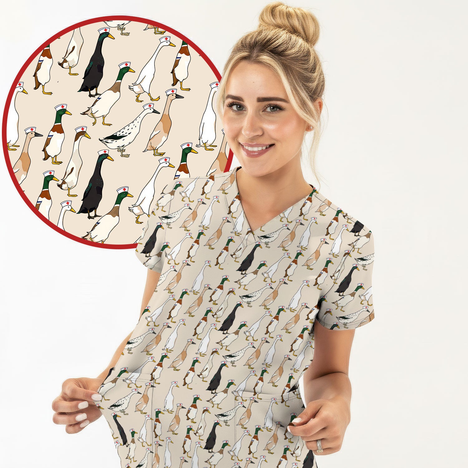 Funny Nurse Duck Pattern Scrub Top, Comfortable Scrubs for Nurses