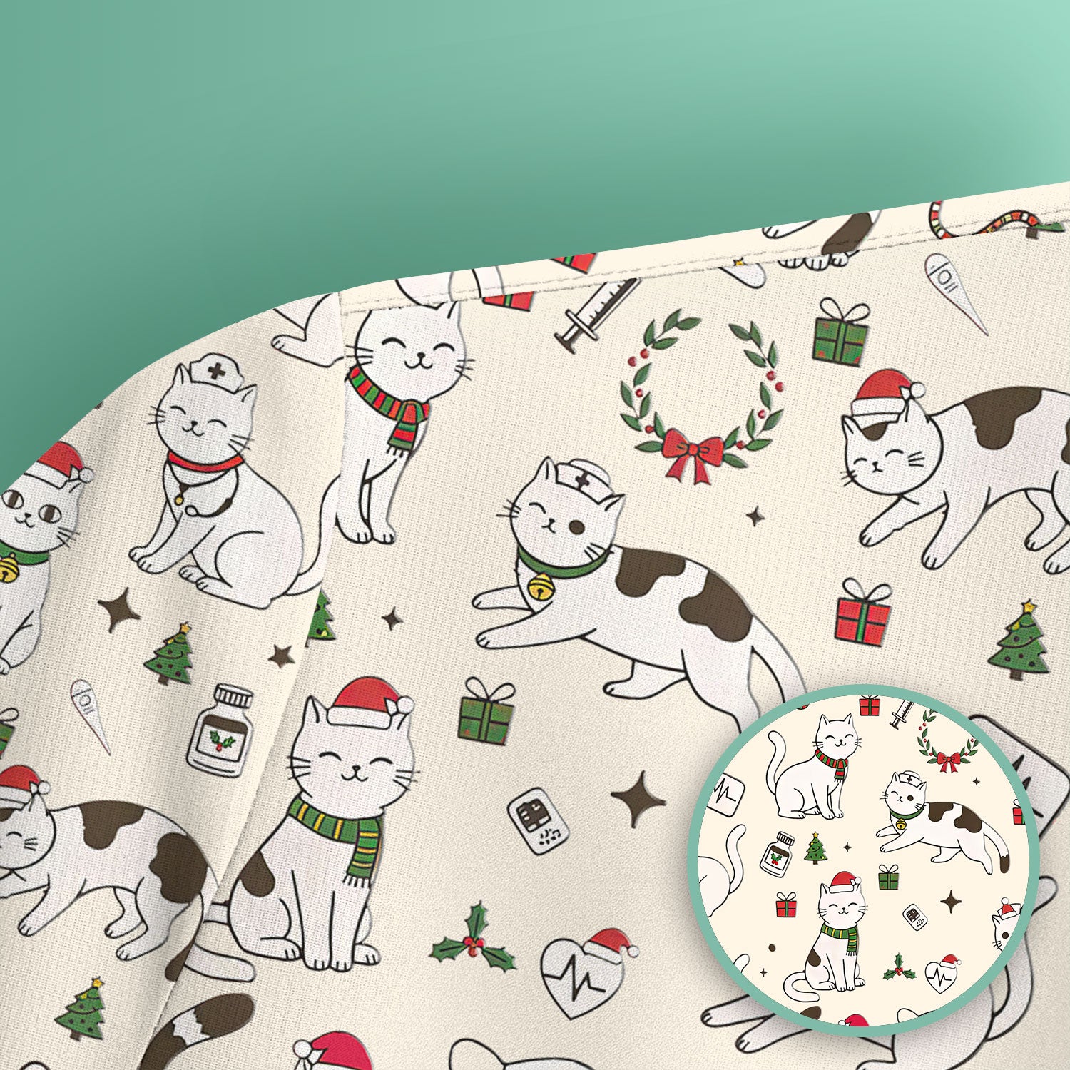 Christmas Cat Scrub Top – Festive Nurse & Holiday Kitty Pattern – Cute Medical Uniform for Nurses, Vets and Healthcare Workers