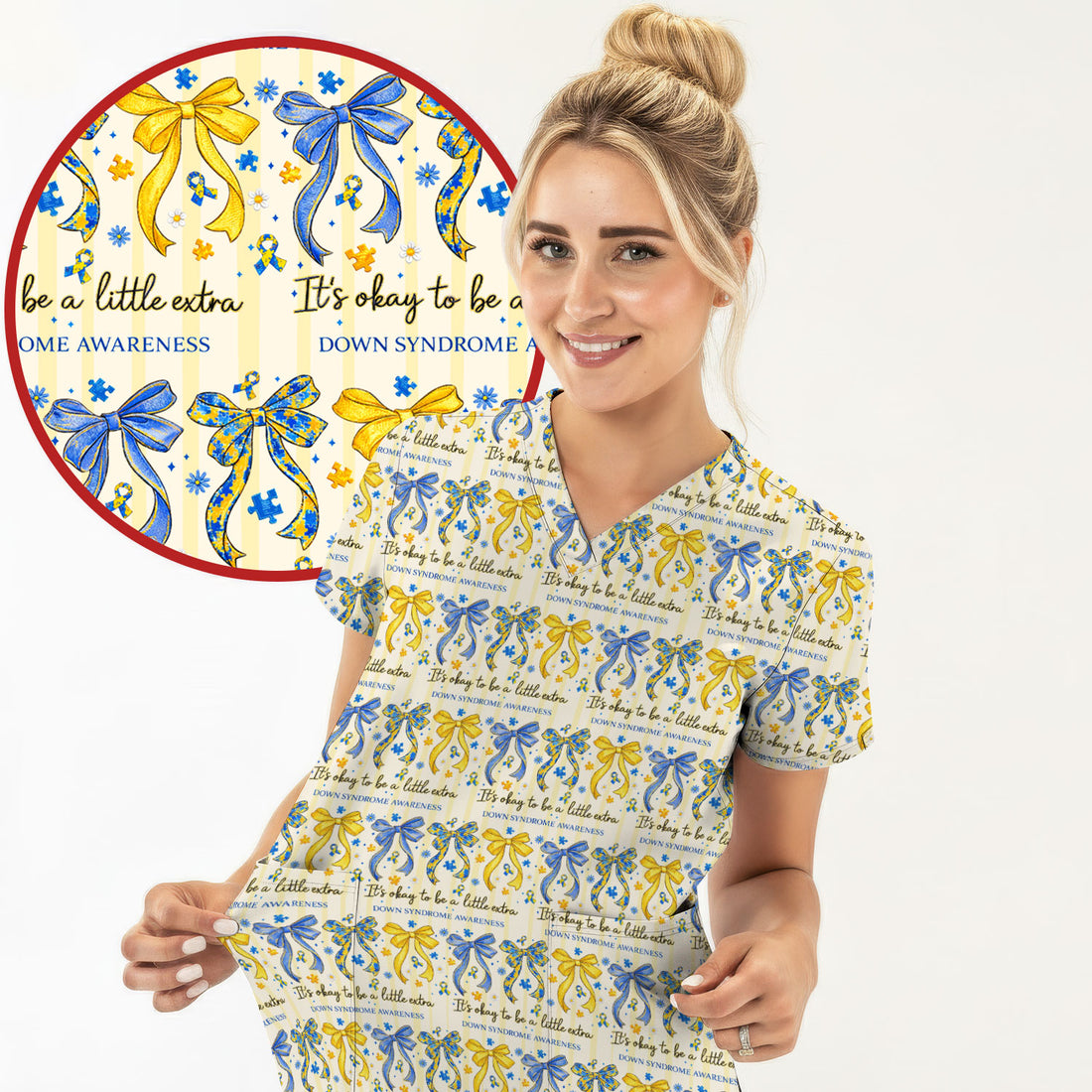 Down Syndrome Awareness Ribbon Pattern Scrub Top Comfortable Nurse Workwear Top