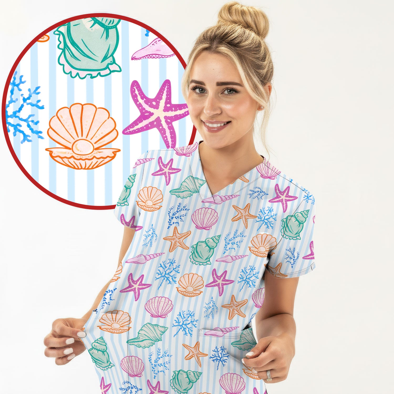Colorful Seashell Starfish Ocean Stripe Pattern Scrub Top, Breathable Fabrics Nursing Uniform