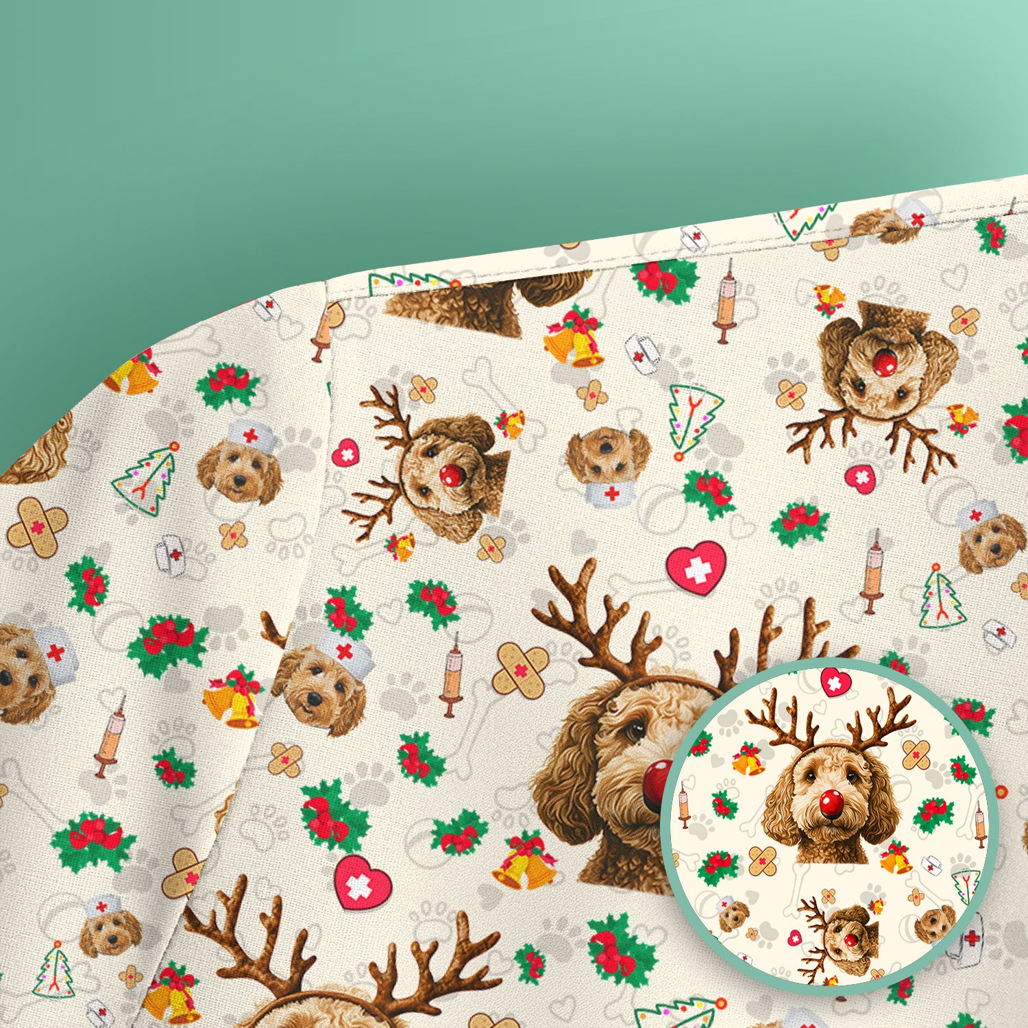 Labradoodle Reindeer Christmas Scrub Top - Funny Dog Nurse Shirt - Cute Holiday Medical Uniform for Women RN LPN CNA Gift