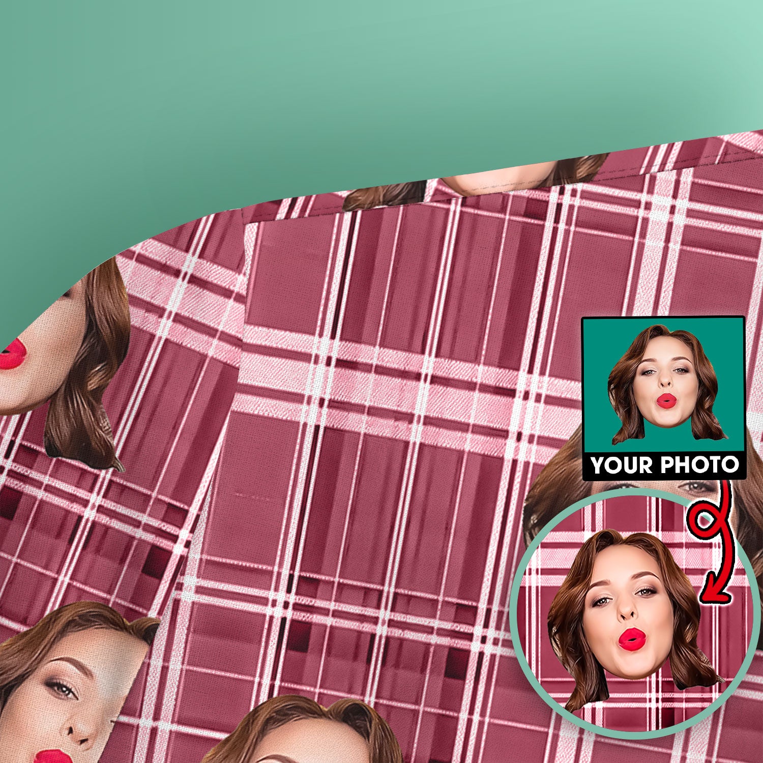 Personalized Funny Face Plaid Scrub Top, Custom Photo Pattern Medical Shirt, Breathable Fabrics Nursing Uniform