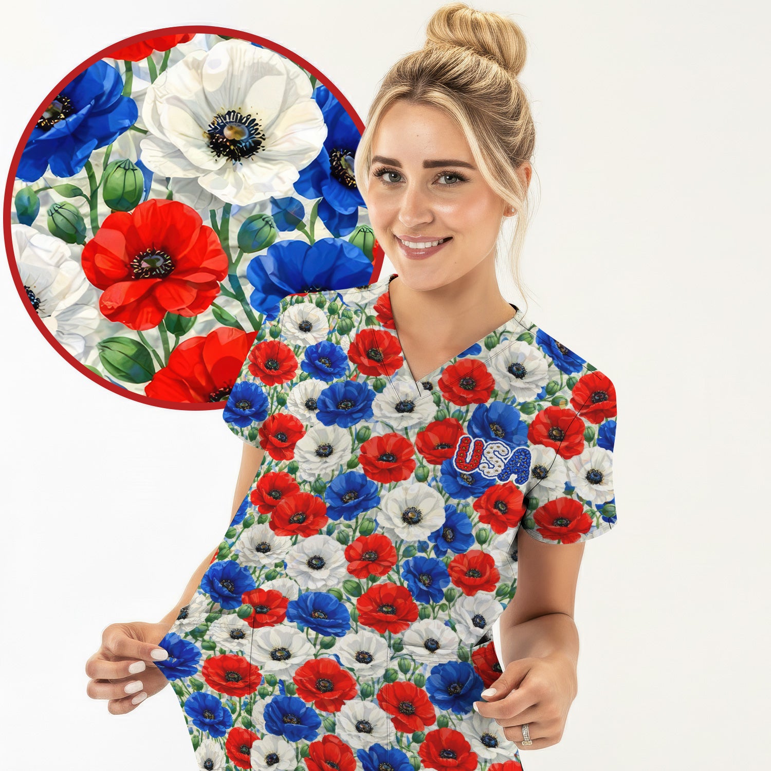 Festive Patriotic Red Blue Poppy Floral Pattern Scrub Top, Comfortable Scrubs for Nurses