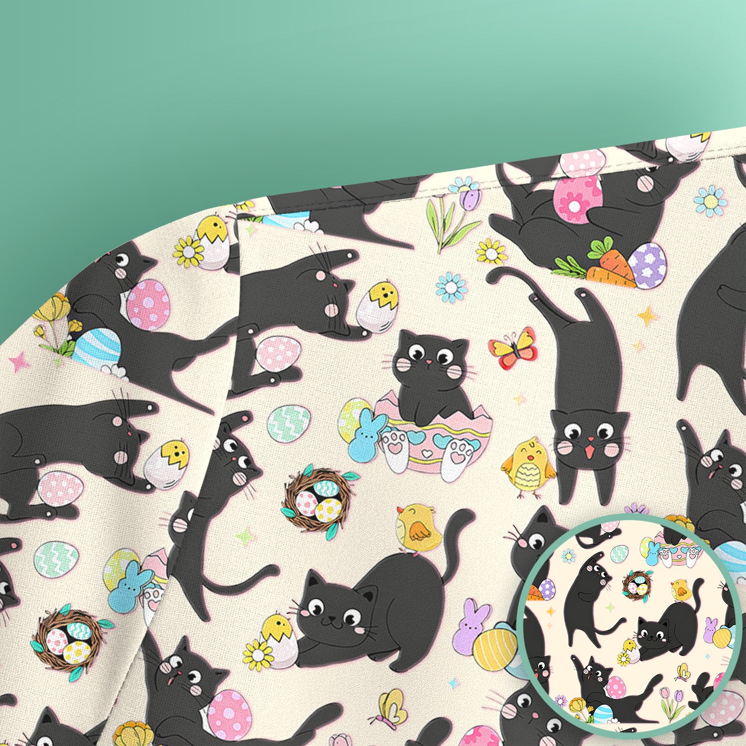 Playful Black Cat Easter Egg Pattern Scrub Top, Comfortable Scrubs for Nurses