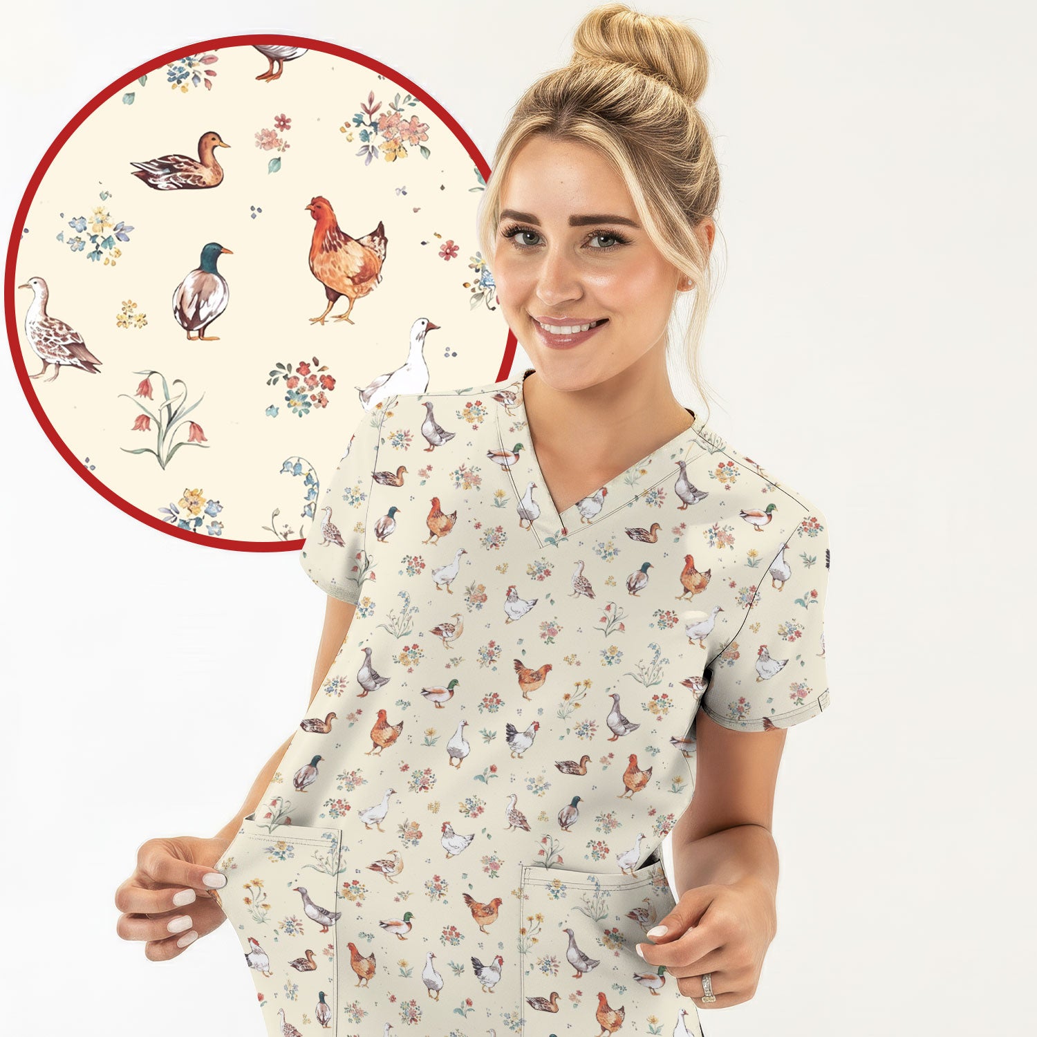 Farm Chicken Duck Floral Pattern Scrubs Top, Comfortable Scrubs for Nurses