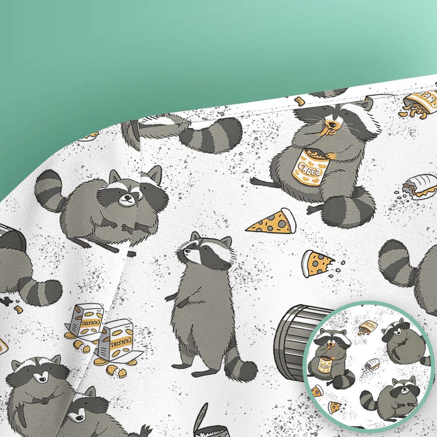 Raccoon Snack And Trash Can Pattern Scrub Top, Breathable Fabrics Nursing Uniform