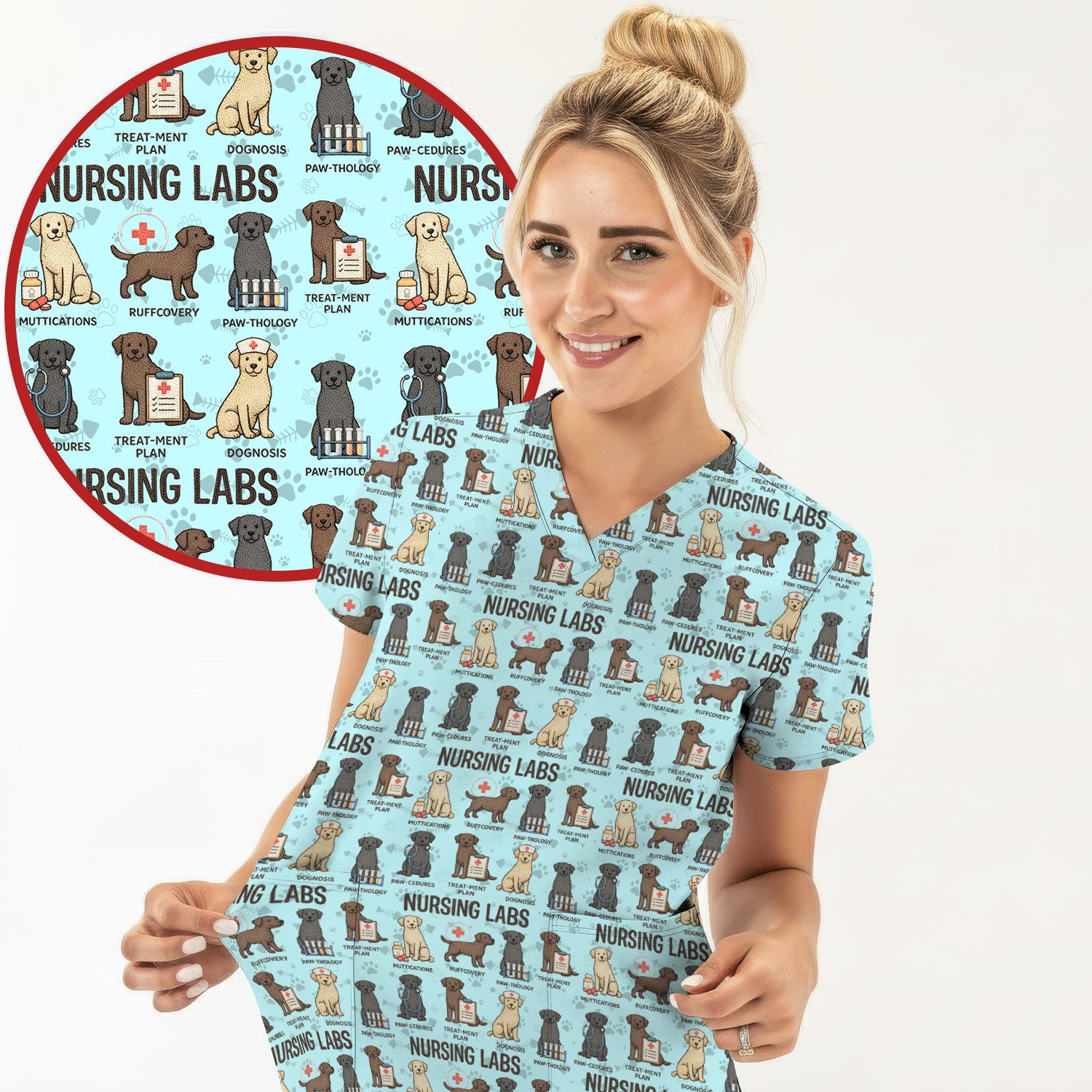 Playful Nursing Labs Dog Pattern Scrub Top, Comfortable Scrubs for Nurses