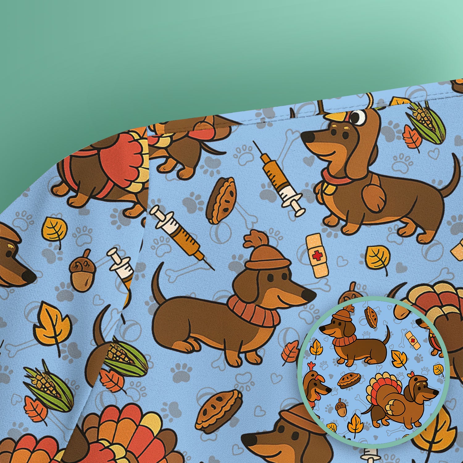 Thanksgiving Wiener Dog Scrub Top - Funny Dachshund TurkeChicken Nurse Shirt for Women - Cute Holiday Medical Uniform