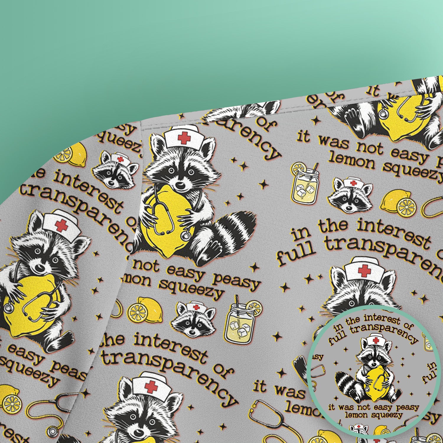 Raccoon Lemon Quote Medical Humor Pattern Scrub Top, Breathable Fabrics Nursing Uniform
