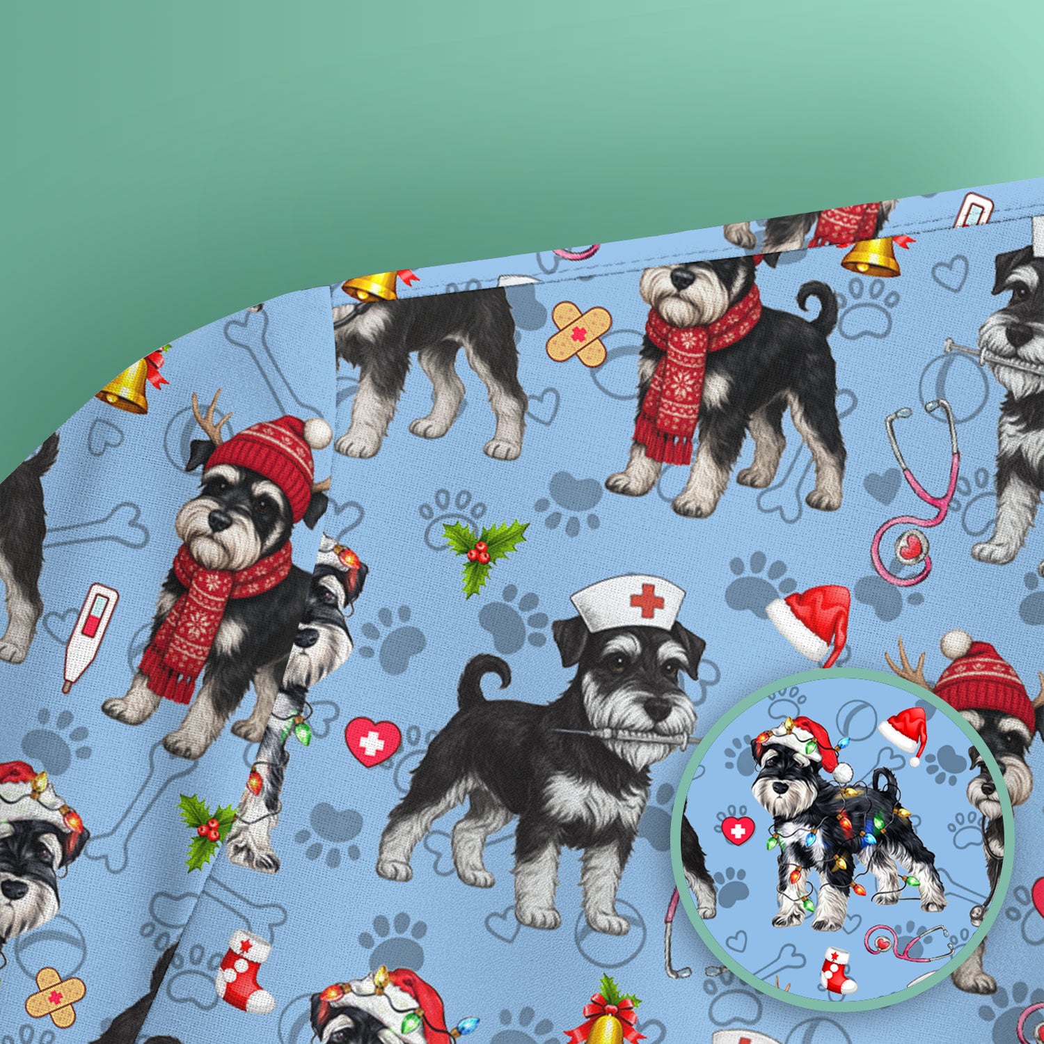Christmas Schnauzer Scrubs for Nurses - Cute Dog Holiday Scrub Top - Funny Santa Nursing Medical Shirt for Women