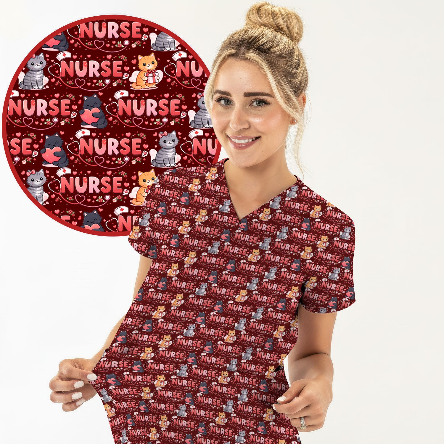 Nurse Cat Heart Pattern Valentine Scrub Set, Women's Scrub Sets V Neck Top