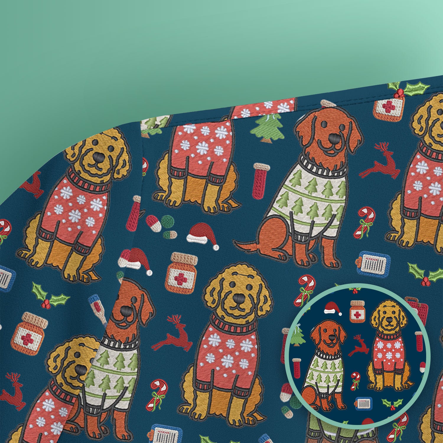 Golden Retriever Christmas Scrub Top, Cute Holiday Dog Nurse Pattern Shirt, Breathable Fabrics Nursing Uniform