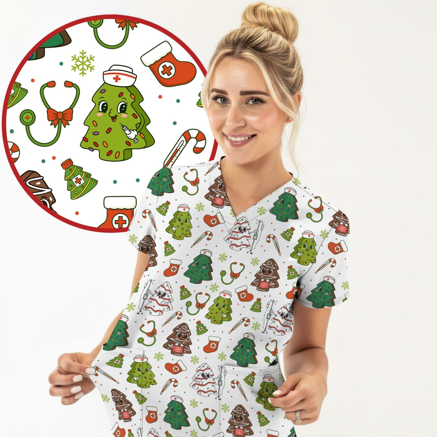 Funny Christmas Nurse Scrub Top - Adorable Tree Pattern Holiday Shirt - Cute Gift for Women RN LPN CNA