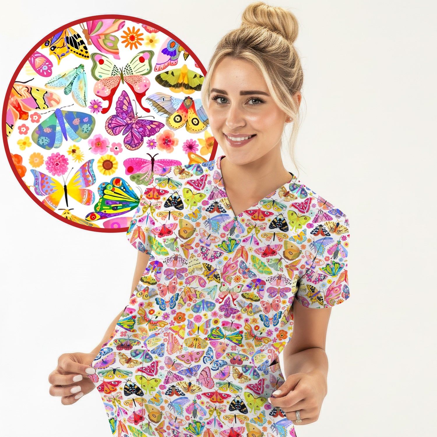 Cute Bright Butterfly Moth Floral Scrub Top, Comfortable Scrubs for Nurses