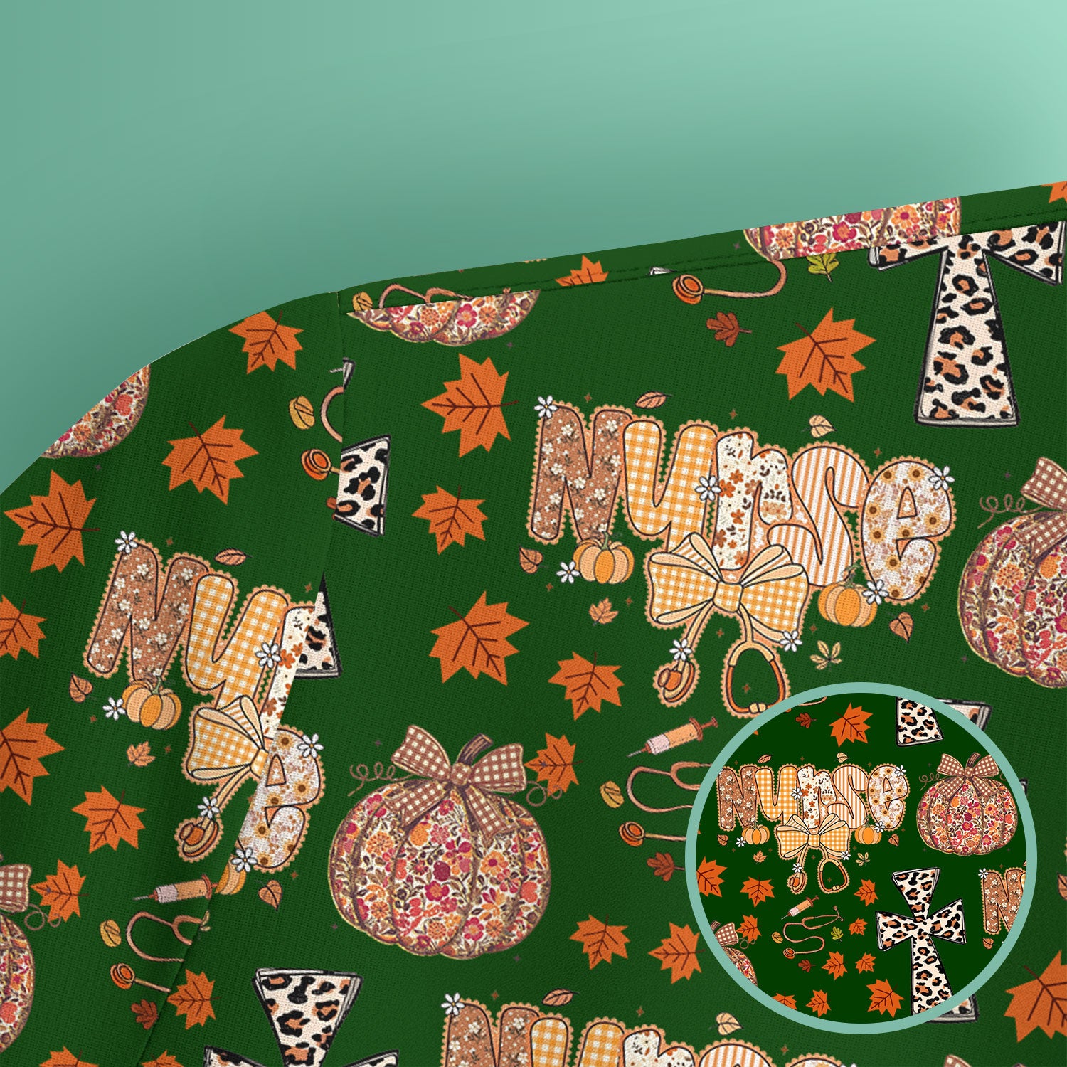 Floral Pumpkin Scrub Top for Women - Coquette Bow Thanksgiving Shirt - Comfortable Medical Uniform