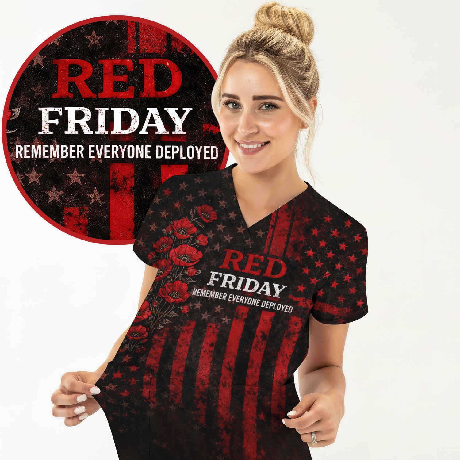 Red Friday Nurse American Flag Poppy Scrub Top, Comfortable Scrubs For Nurses